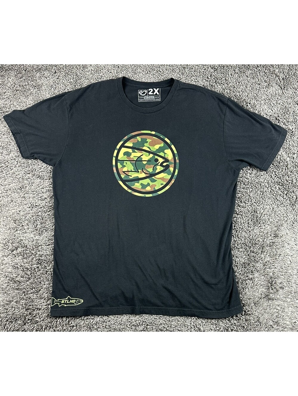 STLHD H&H Outfitters Camo Fish Logo T-Shirt Mens Black Fishing Graphic Sz 2XL